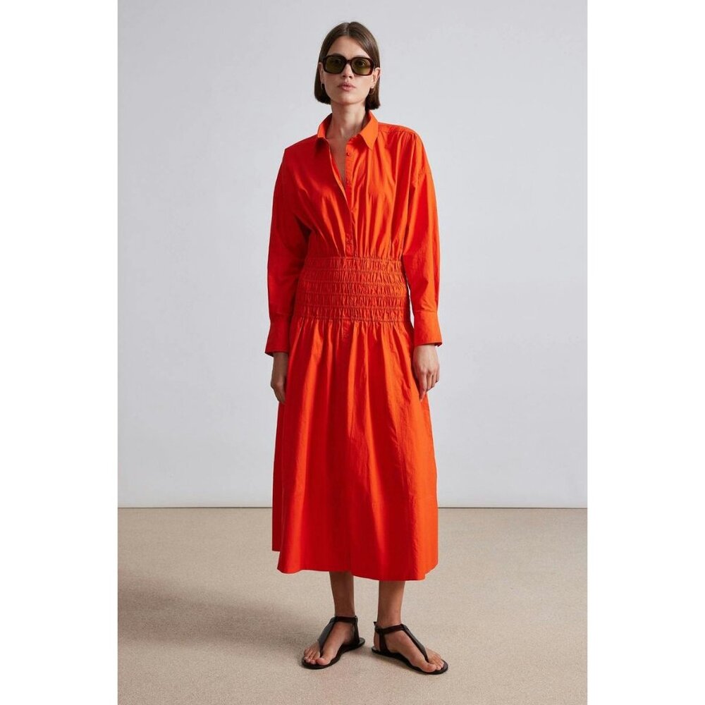 NWT APIECE APART Sophia Smocked Shirt Dress L Flambe Collar Long Sleeve Cotton